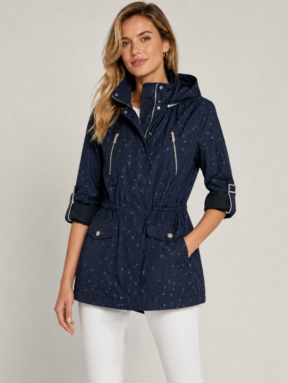 BCBG Generation Navy Blue Polka Dot Hooded Lightweight Parka Jacket Size S